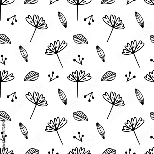 doodle plant pattern. Seamless background. Cute abstract flowers and leaves. Minimalistic design. Universal design for textiles, digital paper, cosmetics packaging. Vector illustration, hand drawn