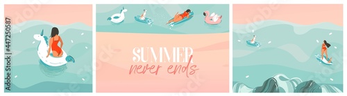 Hand drawn vector abstract stock graphic summer cartoon,minimalistic contemporary illustrations prints collection set with surfing and relaxing people group on the beach isolated on white background