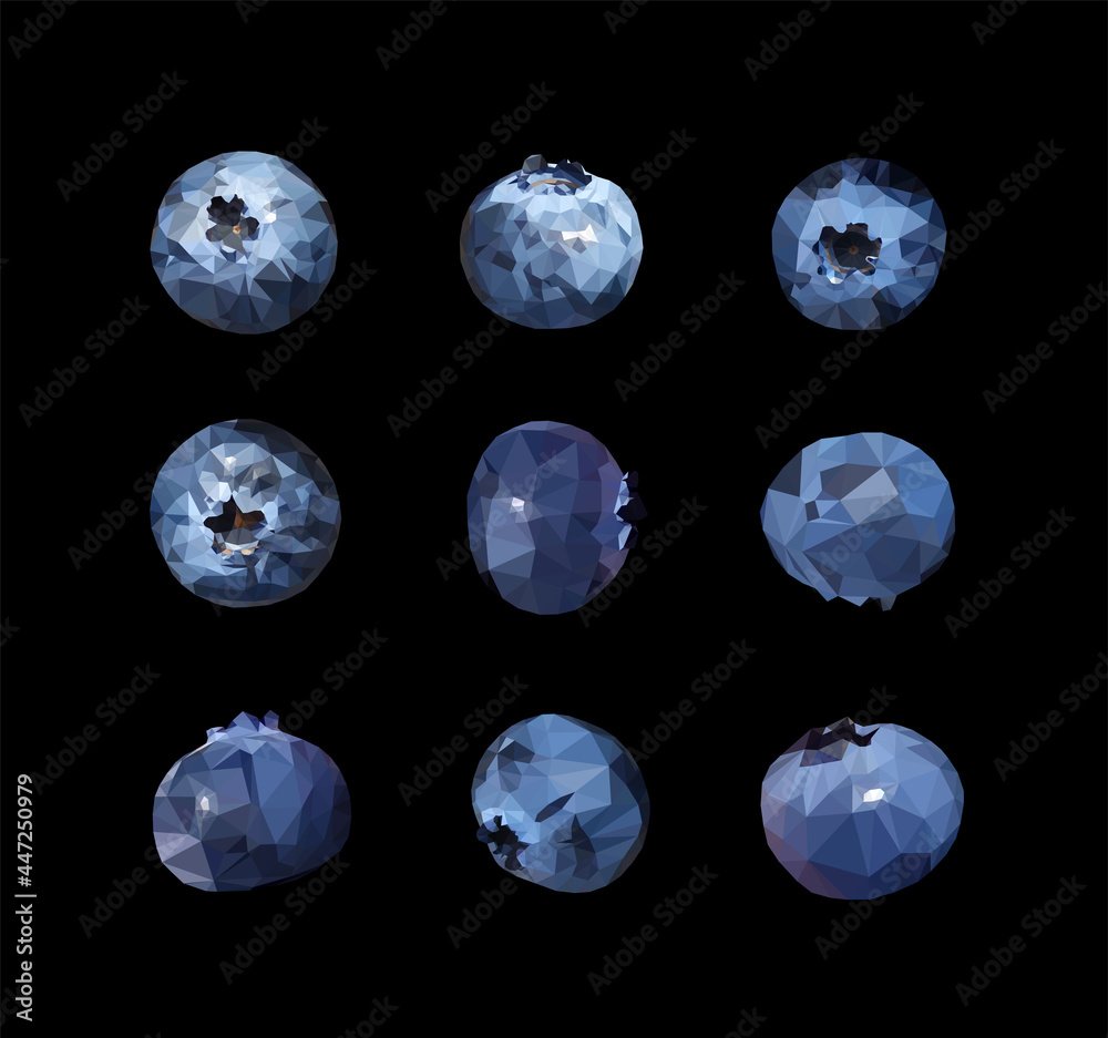 Vector set of Blueberries tasty and delicious isolated on black. Low poly triangular nine berries in a geometric style. 