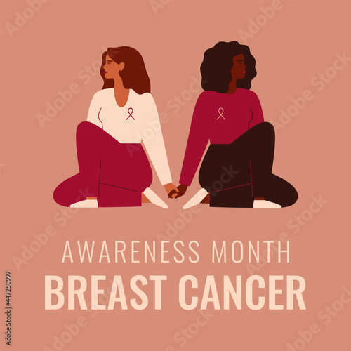 Breast cancer awareness and prevention month banner.Two strong women hold arms and sit together. The concept of support and solidarity with women fighting oncological disease. Vector illustration