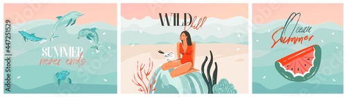 Hand drawn vector abstract stock graphic summer cartoon,minimalistic contemporary illustrations prints collection set with relaxing girl character and dolphins on beach isolated on white background.