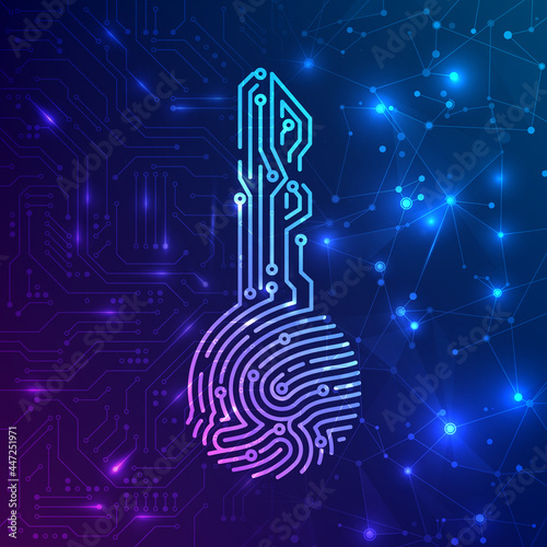 Fingerprint biometric circuit key for identification on hardware and software information system. Abstract futuristic technology background. Vector