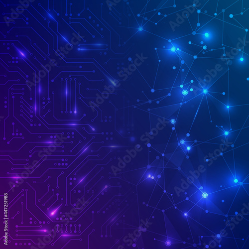 Futuristic circuit board. Electronic motherboard and abstract network. Communication and engineering concept. Digital technology background. Vector