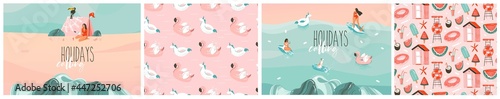 Hand drawn vector abstract stock graphic summer time cartoon,contemporary illustrations prints collection set with beach surfer group character,flamingo floats and seamless pattern on color background