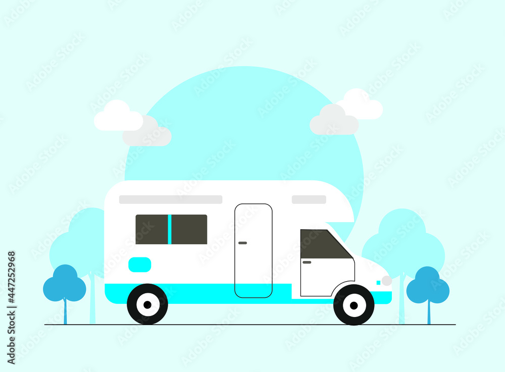 Vector theme of Caravan Road trip, Adventure, Trailering, Camping, outdoor recreation, adventures in nature, vacation. Colorful bus.	