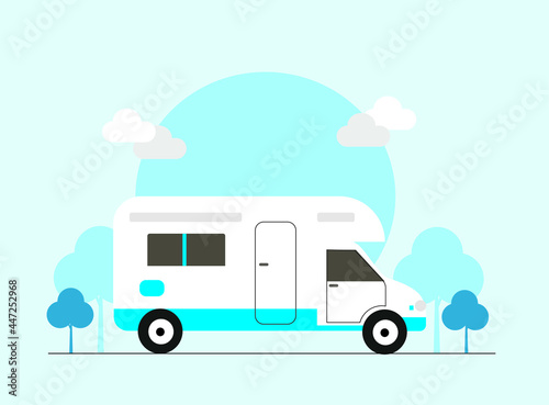 Vector theme of Caravan Road trip, Adventure, Trailering, Camping, outdoor recreation, adventures in nature, vacation. Colorful bus.  © Melek