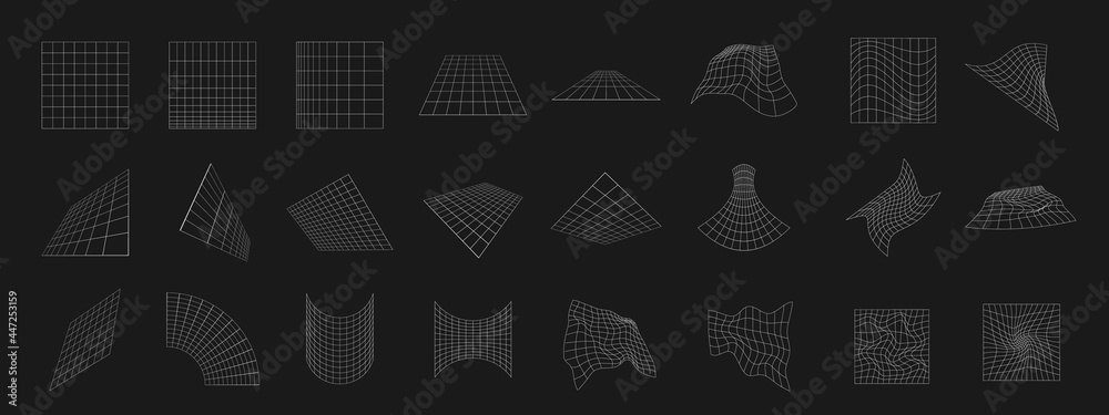 Set of retrofuturistic grid. Digital cyber retro design elements. Collection of grids in cyberpunk 80s style. Geometry for poster, cover, merch in retrowave style. Vector