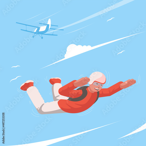 Parachutist soars in the sky. Skydiving. View of a man flying in the sky. In the background a receding airplane. Vector flat design illustration.