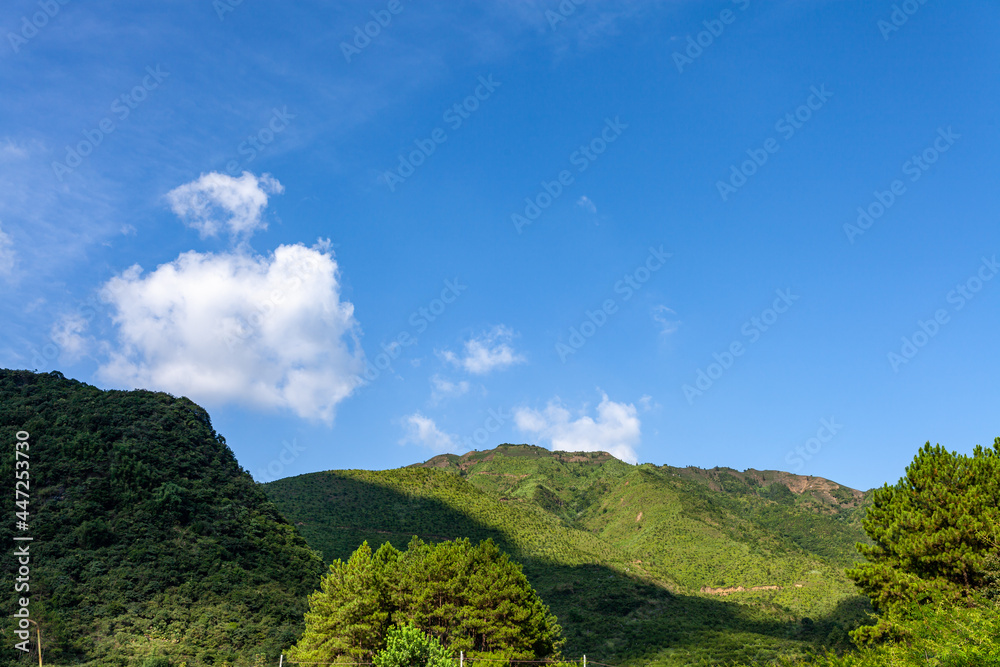 panorama of beautiful countryside in summer. beautiful landscape with forested mountains and grassy field under the blue sky with some clouds
