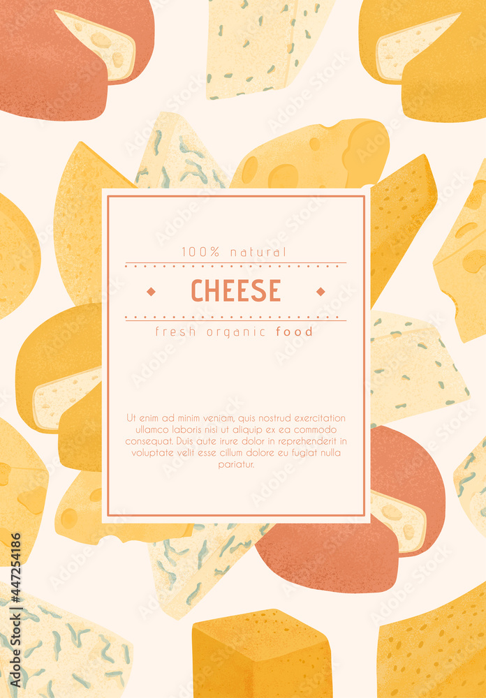 Swiss or French cheese vector flat poster concept. Gouda, Parmesan, Brie, Roquefort or Maasdam cheese.