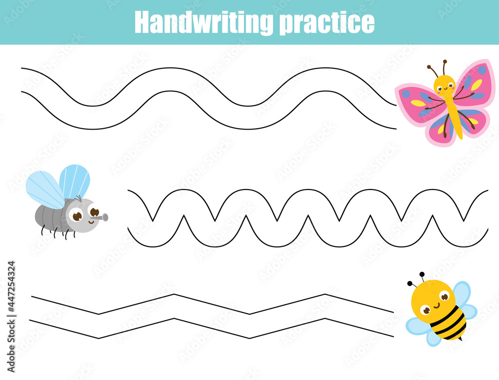 Handwriting practice sheet with funny insects. Educational children ...