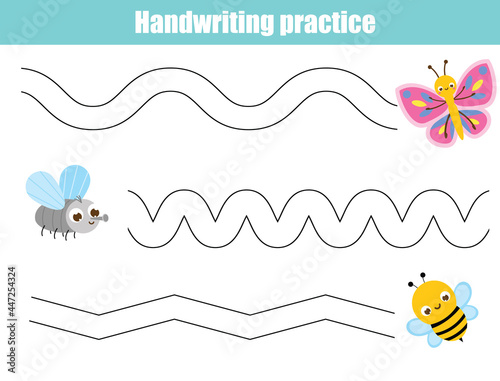 Handwriting practice sheet with funny insects. Educational children game. Tracing lines. Basic writing worksheet for kids