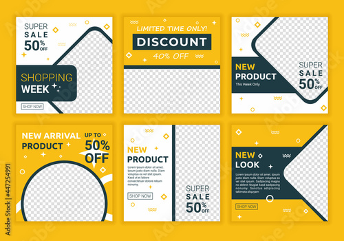 Set of editable social media feed post square style photo collage banners. Minimalism design background templates for social media posting and online advertising. Vector discount promotion