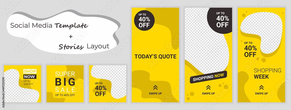 Fototapeta premium Big trendy set for social media stories and post templates. Fashion sale promotion. Abstract background template with copy space for text and images. Vector mock up with yellow colored