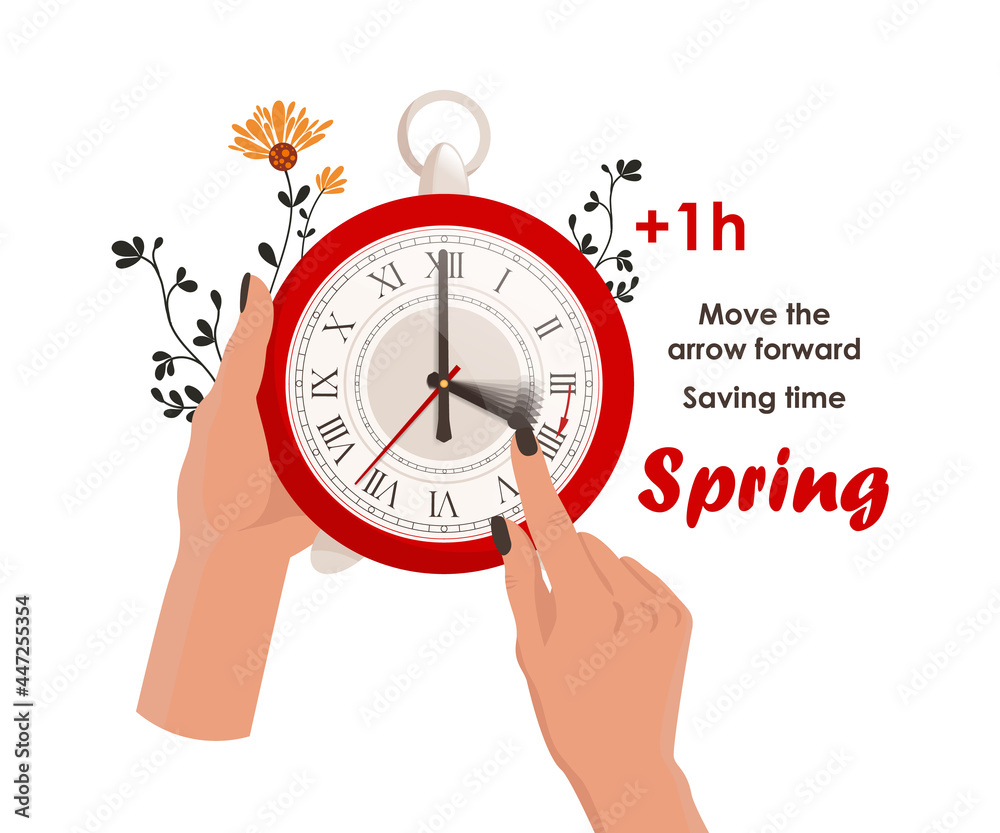 Daylight saving time concept. The clocks moves forward one hour to  daylight-saving time. Fall back. Hands move the clock hand Stock Vector |  Adobe Stock