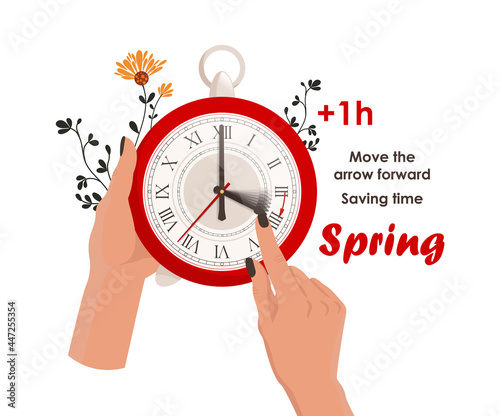 Daylight saving time concept. The clocks moves forward one hour to daylight-saving time. Fall back. Hands move the clock hand