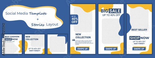 Set of trendy editable template for social networks stories and posts, vector illustration. Big sale promotion up to 40%. Abstract puzzle design backgrounds for social media advertising.