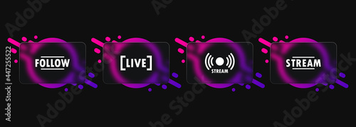 Live stream button icon. Glassmorphism style. Follow button. Social media concept. Vector EPS 10. Isolated on white background
