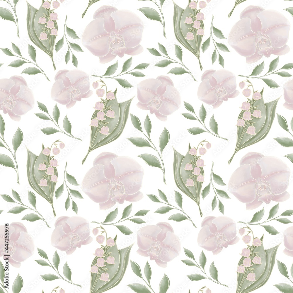 Pastel, botanical, seamless pattern of illustrations of orchid flowers, lily of the valley and green twigs, leaves