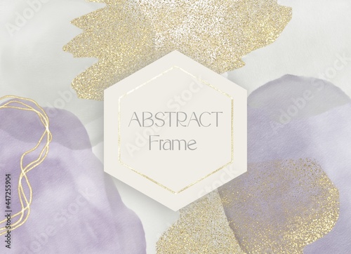 Decorative postcard with watercolor spots, purple gray with gold elements, frame