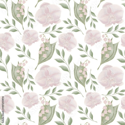Pastel, botanical, seamless pattern of illustrations of orchid flowers, lily of the valley and green twigs, leaves