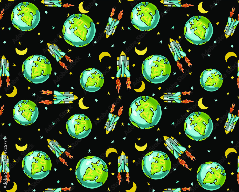 Seamless vector pattern for kids with stars, rockets and planet Earth ...