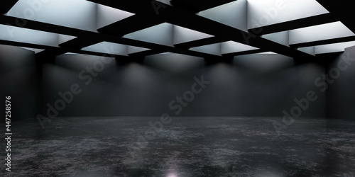 Abstract architecture, empty dark concrete room interior with opening in ceiling 3d render illustration