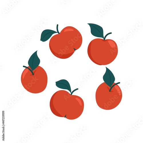 Red ripe apples set, vector illustration of autumn harvest in flat style. Isolate.