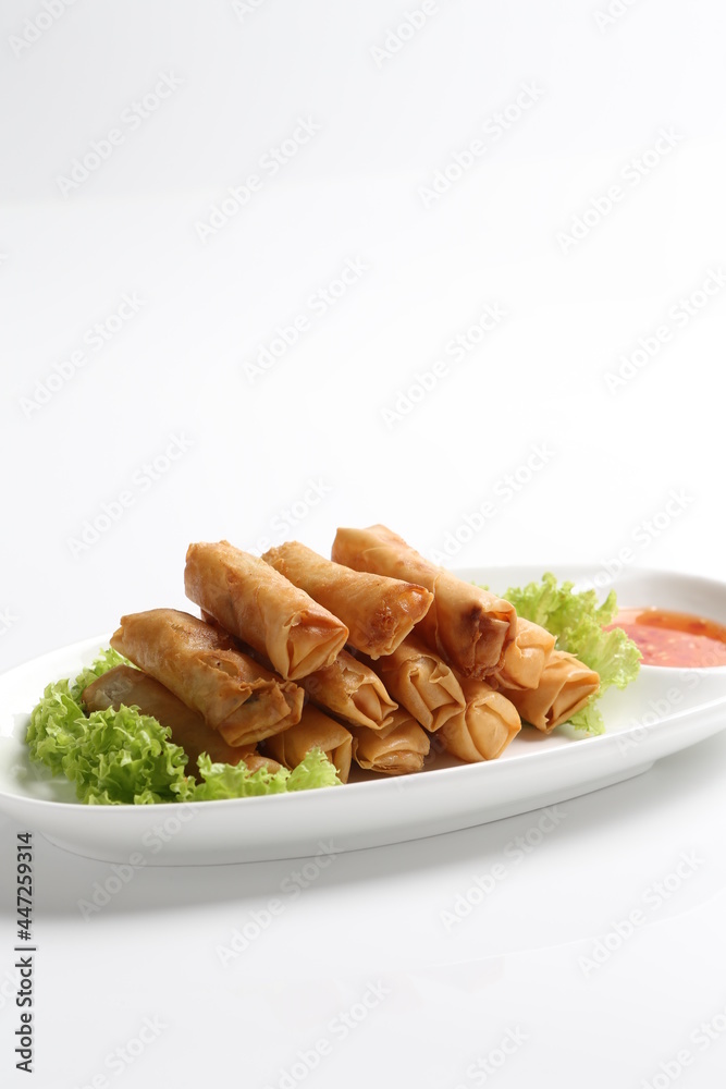 deep fried crispy vegetable spring roll with thai chilli sauce salad in white black background dim sum snack halal menu deep fried crispy vegetable spring roll with thai chilli sauce salad in white black background dim sum snack halal menu