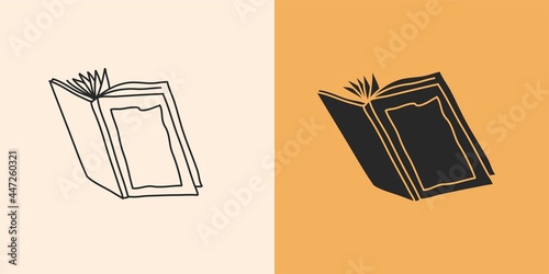 Hand drawn vector abstract stock flat graphic illustration with logo elements set,mystic occult witch book line and silhouette,magic art in simple style for branding,isolated on color background.