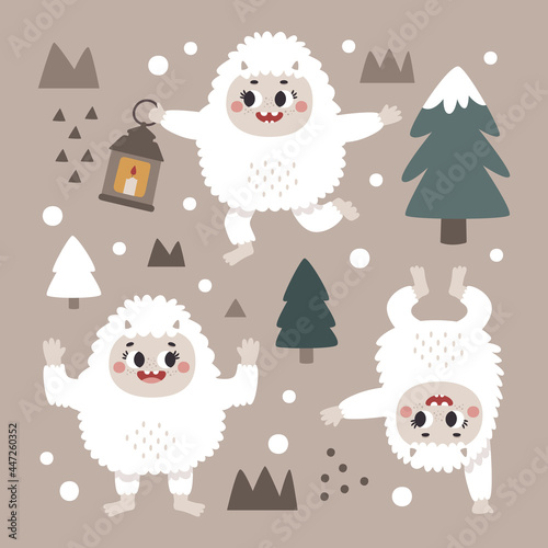 Christmas wild winter vector cute set with Yeti characters, Bigfoot, stones, snow, christmas tree, a warming candle, lantern in scandinavian Boho style