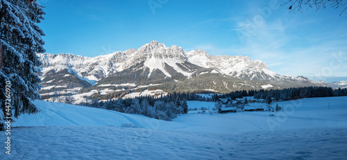 winter scenery tirol, view from hiking trail hartkaiser to Wilder Kaiser mountains photo
