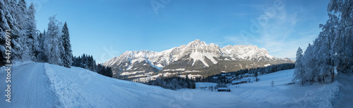 winter scenery tirol  view from hiking trail hartkaiser to Wilder Kaiser mountains
