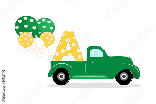 Cute Cartoon pickup truck with letter A. Perfect for greeting cards  party invitations  posters  stickers  pin  scrapbooking  icons.