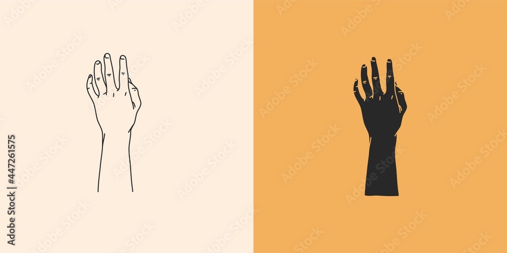Hand drawn vector abstract stock flat graphic illustration with minimal logo elements collection set,occult mystery witch hands touch line drawing and silhouette,magic art in simple style for branding Hand drawn vector abstract stock flat graphic illustration with minimal logo elements collection set,occult mystery witch hands touch line drawing and silhouette,magic art in simple style for branding
