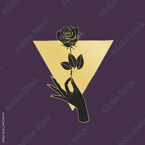 Vintage Mystic Hand holding rose flower drawing on triangle shape.