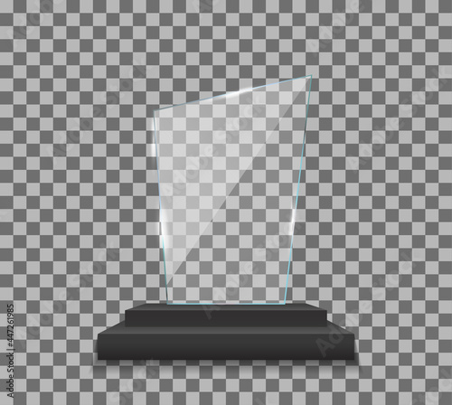 Trophy of glass award. Plexi glass award. Plate of acrylic trophy. Stand of crystal for prize of winner. Mockup of realistic of plexiglass for cup of champion. Acrilic badge for win. Vector