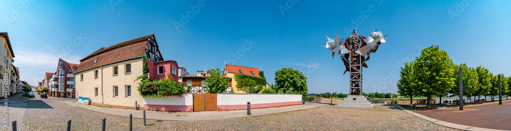 Panoramic view over old historical downtown, harbor in Schoenebeck, Bad Salzelmen, Salzlandkreis at Elbe River, Germany, at blue summer sky and sunny day.