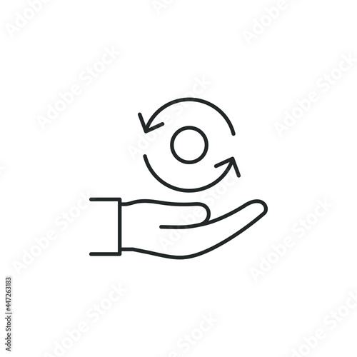 Circular arrows on hand icon line style isolated on white background. Vector illustration
