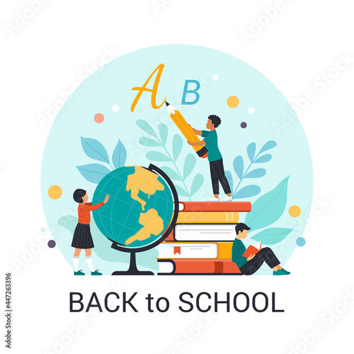 Back to school. Vector cartoon illustration in flat style of three schoolchildren in different actions (reading, writing, studying the globe) against the abstract background with school supplies.