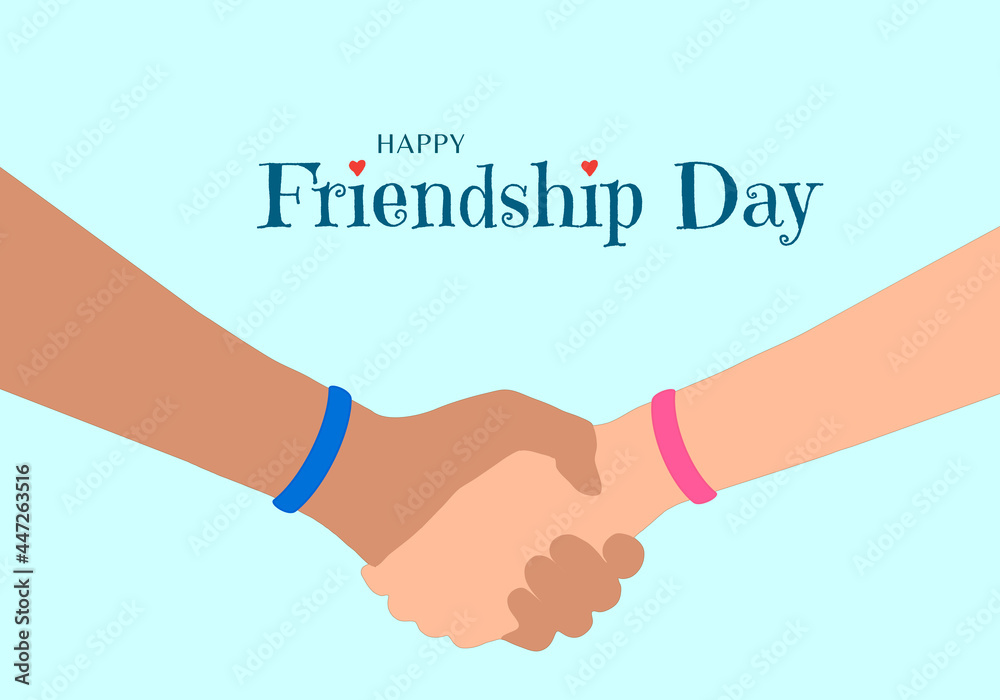 Happy Friendship Day concept. The hands of two friends as they hold each other. Blue and pink wristband that symbolize eternal friendship. Inscription with red heart decoration. Happy Friendship Day concept. The hands of two friends as they hold each other. Blue and pink wristband that symbolize eternal friendship. Inscription with red heart decoration.