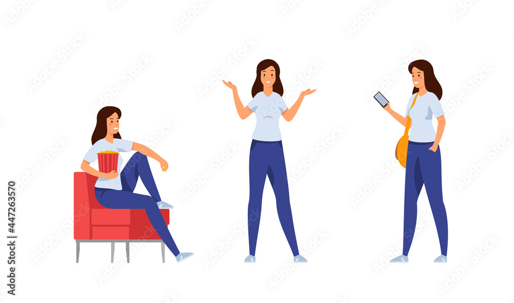 Actions and emotions of beautiful woman set. Girl with popcorn on armchair is watching movie. He spreads his hands in disbelief. Reads message in smartphone. Vector flat template