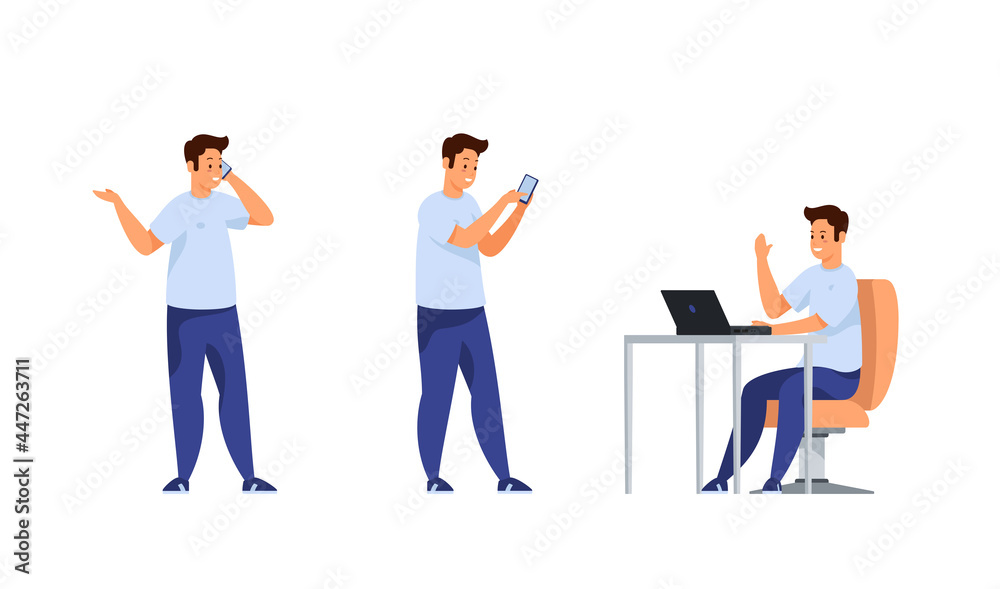 Student communicates and learns online different activities set. Young man with smartphone conducts dialogue and prints message. Sits at laptop and asks web questions. Vector flat template