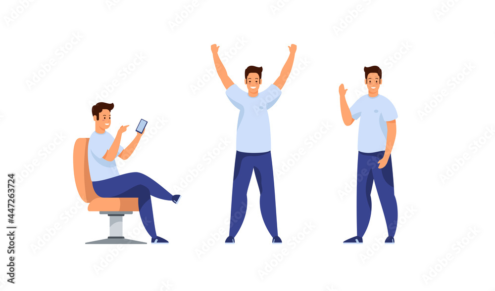 Joyful young man different activity set. Guy cheerfully raises his hands welcoming friends. Communicates in mobile online chat sitting on armchair. Waves his hand. Vector cartoon template Joyful young man different activity set. Guy cheerfully raises his hands welcoming friends. Communicates in mobile online chat sitting on armchair. Waves his hand. Vector cartoon template