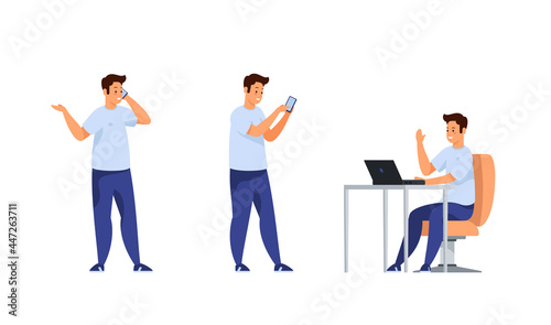 Student communicates and learns online different activities set. Young man with smartphone conducts dialogue and prints message. Sits at laptop and asks web questions. Vector flat template