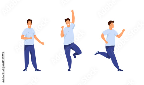 Cheerful sporty student different poses and activities set. Young man in jeans and tshirt jumps happily at good news and shows like gesture. Jogging in morning. Vector cartoon template