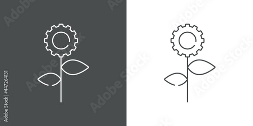Icono plano engranaje con forma de flor con lineas en fondo gris y fondo blanco