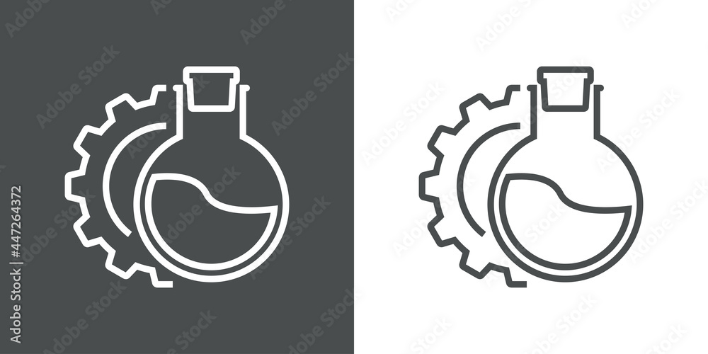 Laboratorio de química. Icono plano engranaje con probeta de forma circular con tapón con lineas en fondo gris y fondo blanco Laboratorio de química. Icono plano engranaje con probeta de forma circular con tapón con lineas en fondo gris y fondo blanco