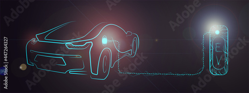 Electric car charging at charge station. Electromobility e-motion concept. Electro car silhouette. 