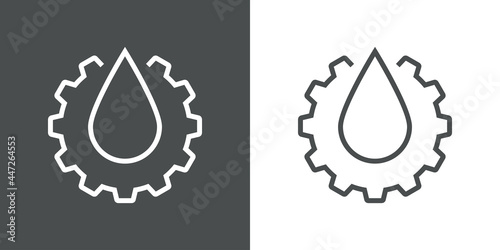 Icono plano engranaje con gota de líquido con lineas en fondo gris y fondo blanco